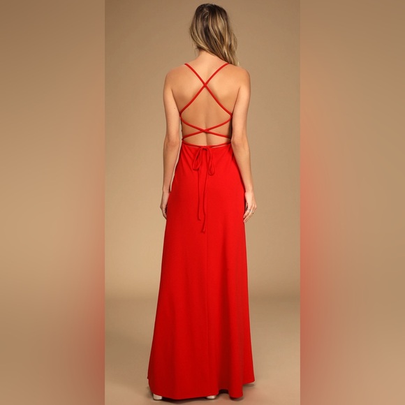 Lulu’s Red Lace Up Back Be My Date Deep V Maxi Dress 10 12 Large - Picture 4 of 9